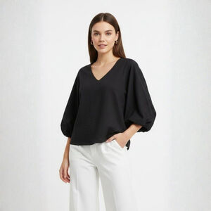 Modern Citizen Black V-Neck Balloon Sleeve Blouse - Small